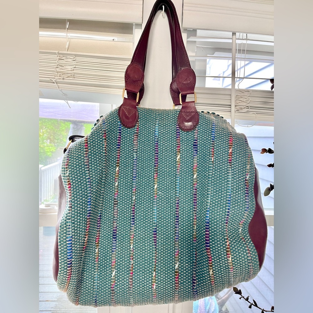 Vintage Hand Woven Leather Weekend Duffle Bag Teal Indie Hippie - Picture 2 of 8